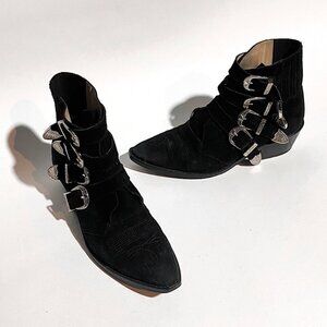Toga Pulla Western Buckle Black Suede Ankle Boots